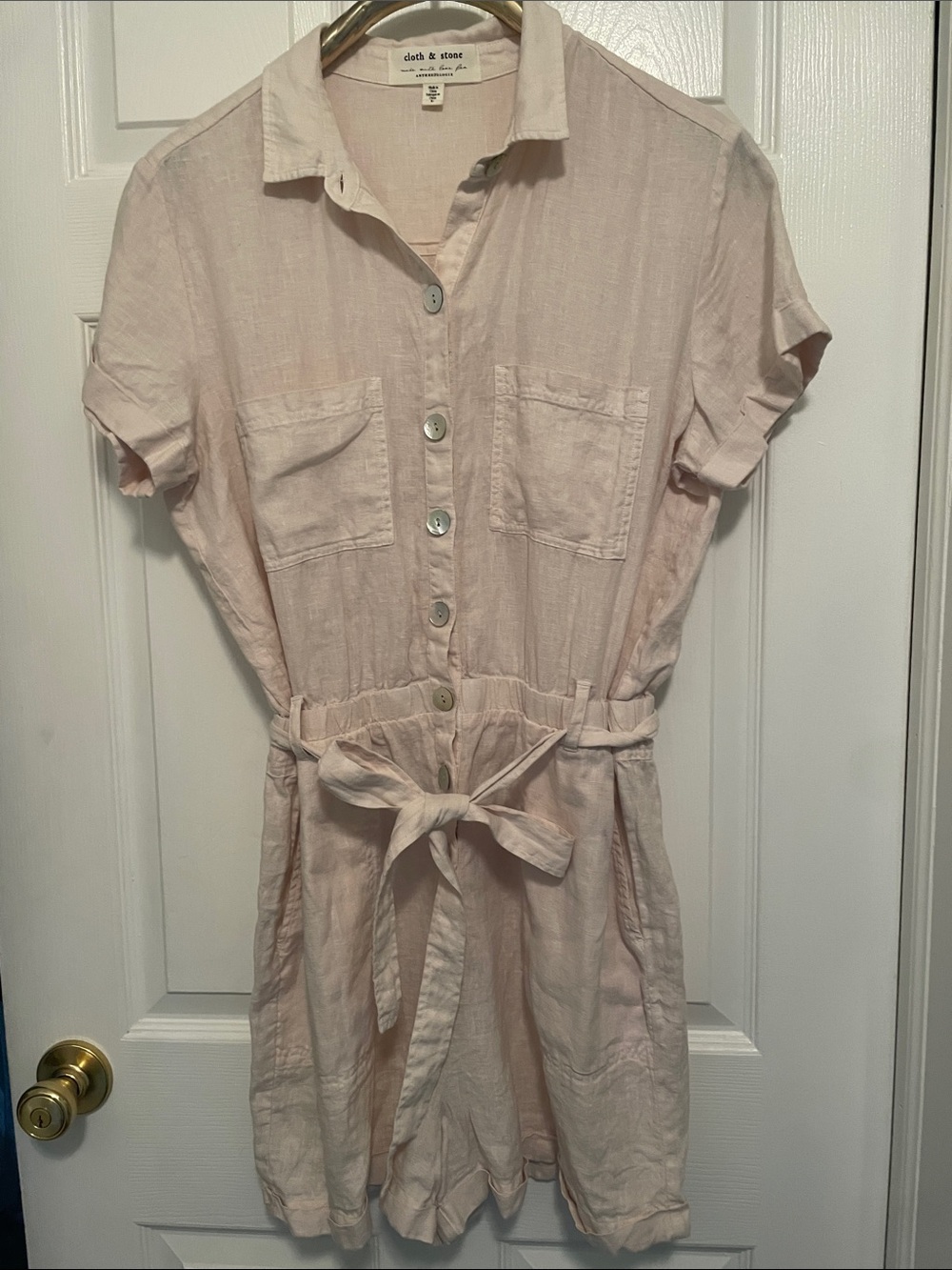Anthropologie Beige linen Button-Front Short Romper